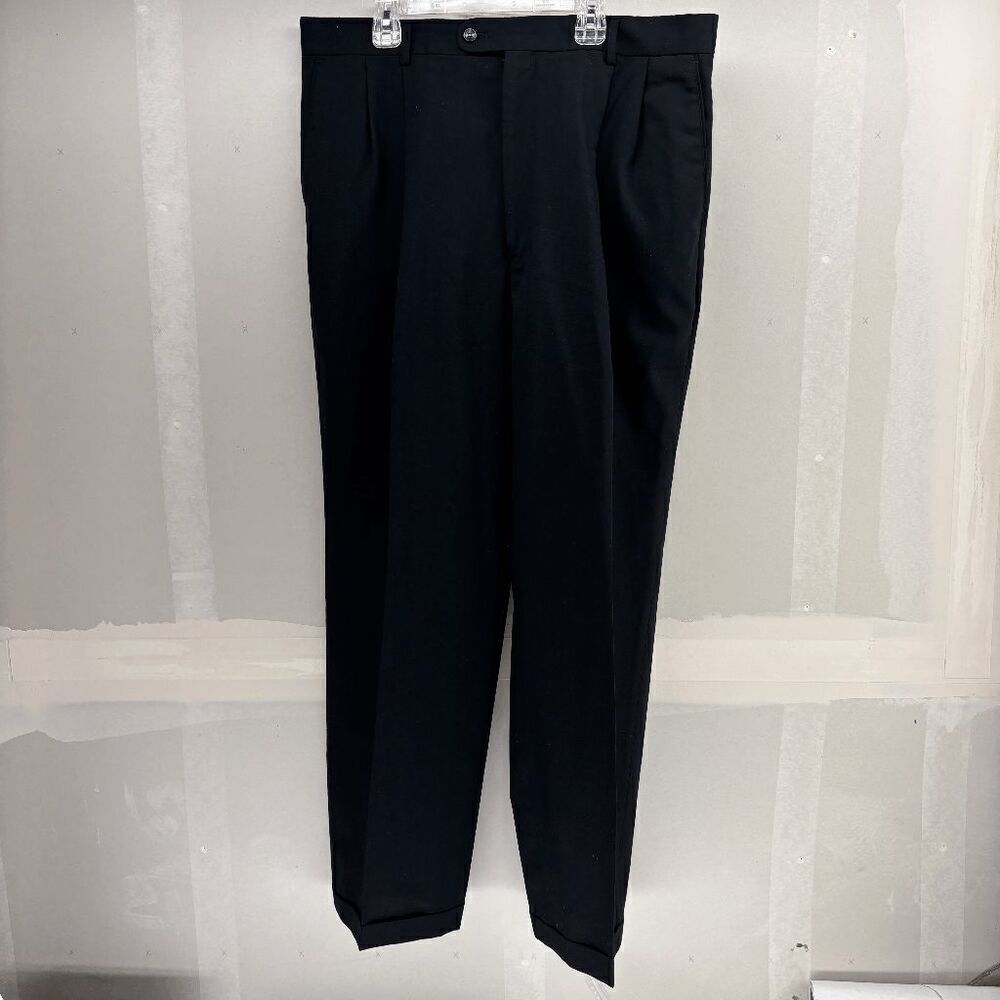 Greg Peters Dress Pants 100% Pure Wool Men's Size 36 W 30 L Pleated Front Black